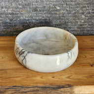 Hand-Carved White Marble Vessel Sink – Round Polished Calacatta-Style Natural Stone Basin