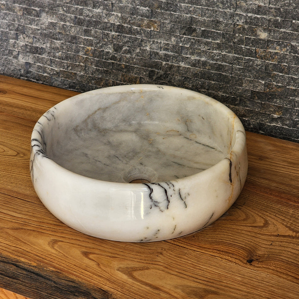 Hand-Carved White Marble Vessel Sink – Round Polished Calacatta-Style Natural Stone Basin