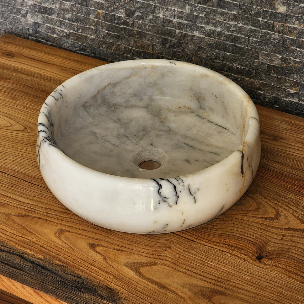 Hand-Carved White Marble Vessel Sink – Round Polished Calacatta-Style Natural Stone Basin
